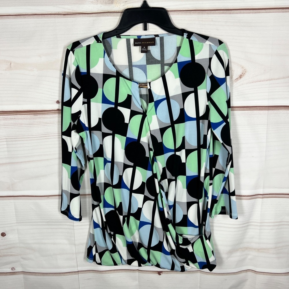 Dana Buchman Top Women Medium Multicolor Geometric Blouse Faux Wrap Keyhole Neck